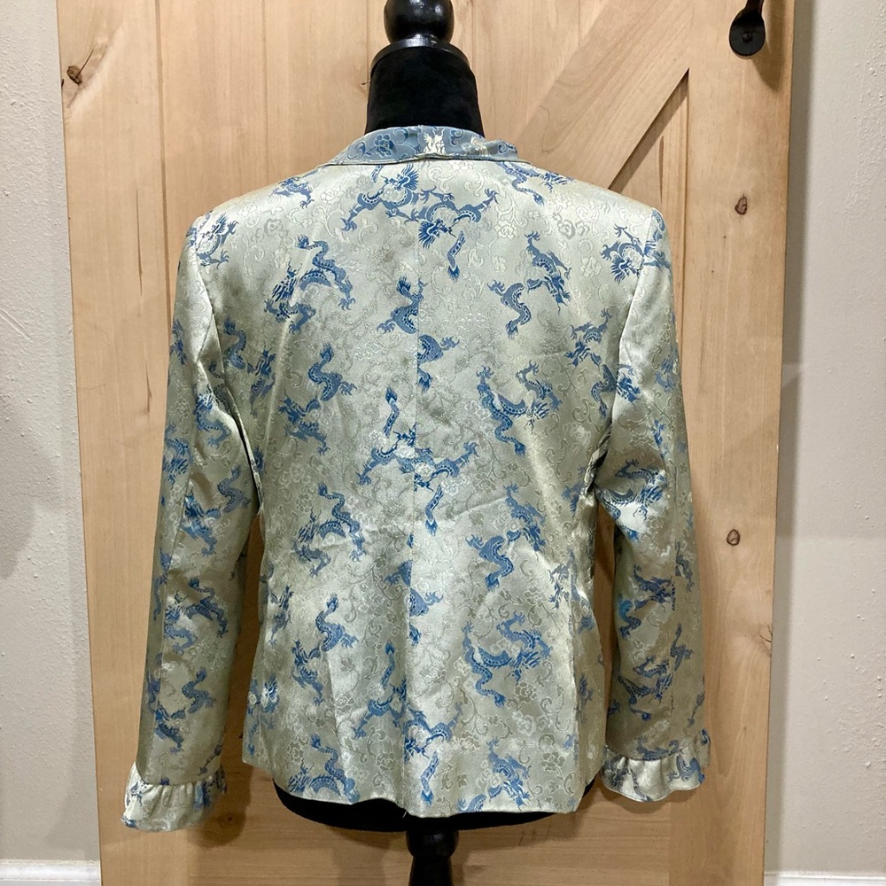 Women's Dragon & Rose Jacket Ruffle Edges Button Front Y2K Style Light Green - Picture 16 of 16